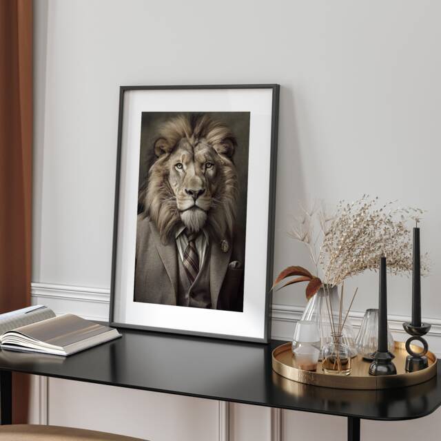 Regal Lion in Suit Wall Art Print Animal Portrait Living Room Office Study Home Decor Gentleman Gift Modern Anthropomorphic Character - image 1