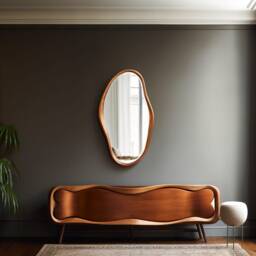 Walnut Wood Asymmetrical Mirror Modern Home & Wall Decor, Vanity, Bathroom, Living Room Mirror - thumbnail 3