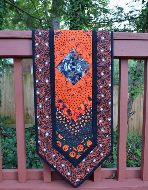 Skull Table Runner, Quilt, Halloween Skeleton Pumpkin Spider Wall Hanging, Cat Candy - image 1