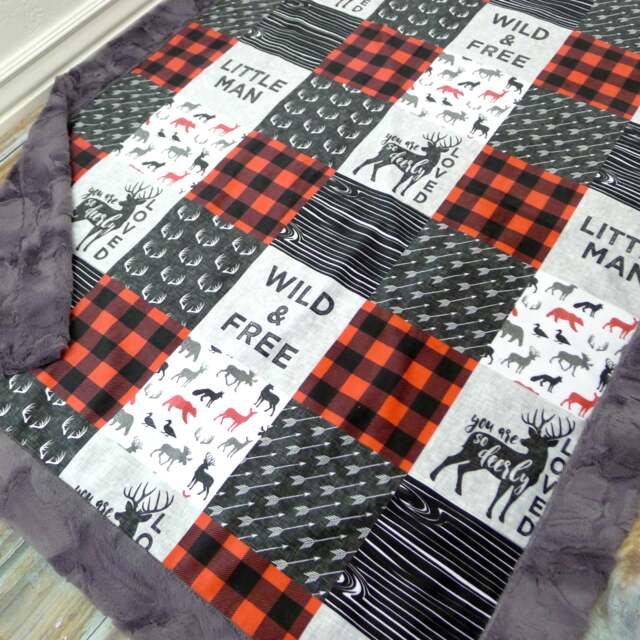 Little Man Minky Blanket - Buffalo Check Blanket- Plaid Deer Designer Lumberjack Baby Baby Boy - image 1