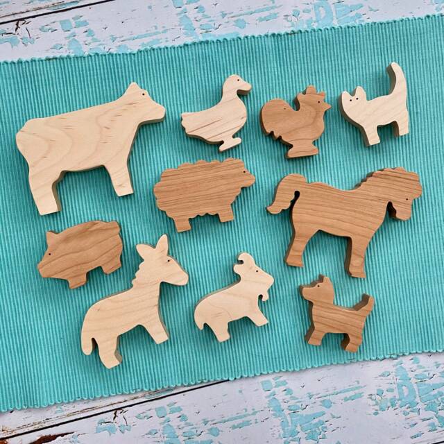 Wooden Farm Animal Playset, Cherry & Maple Wood, Toddler Toy - image 1
