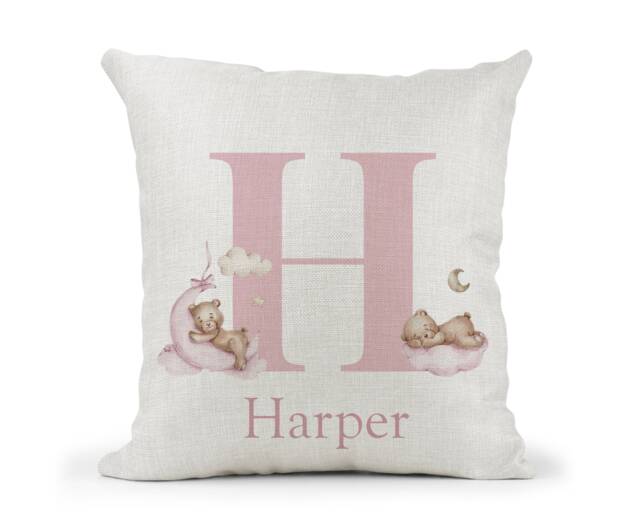 Personalised Teddy Bear Baby Pink Baby, Children's Nursery Bedroom Cream Cushion.. . New Baby Keepsake.. Cute Bear - image 1