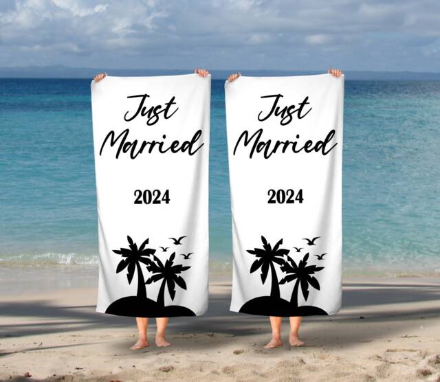 Honeymoon Wedding Beach Towels, Mr & Mrs, His & Hers, Newleywed Gift, Set Of Two, Anniversary Just Married Gift - image 1
