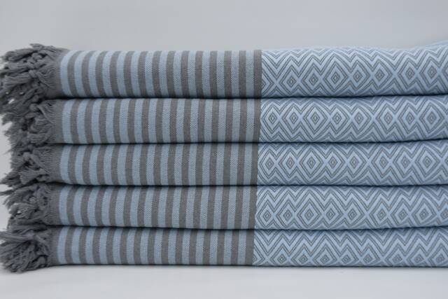 "Baby Blue & Gray Striped Blanket, Turkish Bedspread, Handmade Blanket, King Size Blanket, 79""x103" - image 1