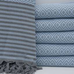 "Baby Blue & Gray Striped Blanket, Turkish Bedspread, Handmade Blanket, King Size Blanket, 79""x103" - thumbnail 3