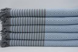 "Baby Blue & Gray Striped Blanket, Turkish Bedspread, Handmade Blanket, King Size Blanket, 79""x103"
