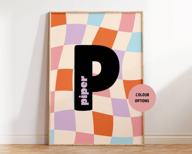 Girls Name Initial Print - Wall Art Bedroom Prints Checkerboard Retro Personalised Playroom Nursery Cool Kids Pink Purple Green - image 1