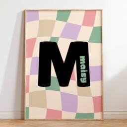 Girls Name Initial Print - Wall Art Bedroom Prints Checkerboard Retro Personalised Playroom Nursery Cool Kids Pink Purple Green - thumbnail 2