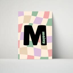 Girls Name Initial Print - Wall Art Bedroom Prints Checkerboard Retro Personalised Playroom Nursery Cool Kids Pink Purple Green - thumbnail 3