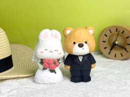 Custom Lovely Rabbit & Bear Couple Desktop Decor, Handmade Wooden Animal Bride & Groom Figurine For Wedding, Adorable Ornament - thumbnail 1