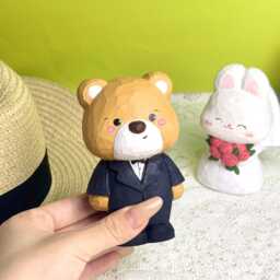 Custom Lovely Rabbit & Bear Couple Desktop Decor, Handmade Wooden Animal Bride & Groom Figurine For Wedding, Adorable Ornament - thumbnail 2