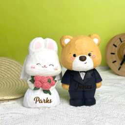 Custom Lovely Rabbit & Bear Couple Desktop Decor, Handmade Wooden Animal Bride & Groom Figurine For Wedding, Adorable Ornament - thumbnail 4