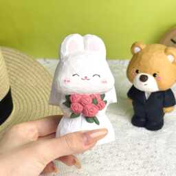 Custom Lovely Rabbit & Bear Couple Desktop Decor, Handmade Wooden Animal Bride & Groom Figurine For Wedding, Adorable Ornament - thumbnail 3