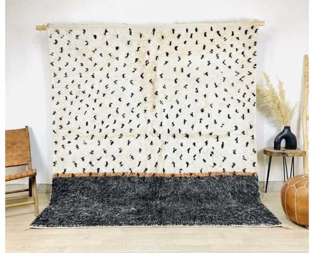 Moroccan Ivory & Black Berber Rug, Handwoven Wool Shag Abstract Dash Motifs, Authentic Beni Ourain Style Carpet, Large 9x12 Area Rug - image 1