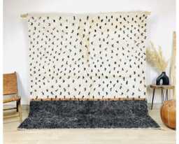 Moroccan Ivory & Black Berber Rug, Handwoven Wool Shag Abstract Dash Motifs, Authentic Beni Ourain Style Carpet, Large 9x12 Area Rug