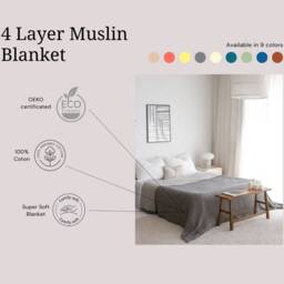 Organic Cotton Bedspread Queen, Gray Muslin Throw Blanket, Bed Cover - thumbnail 2