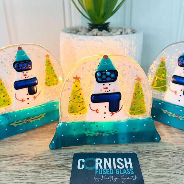 Festive Snowman Snowglobe Candle Holder Fused Glass Christmas Decoration - Cornish Fused Glass - image 1