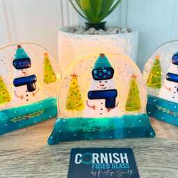 Festive Snowman Snowglobe Candle Holder Fused Glass Christmas Decoration - Cornish Fused Glass