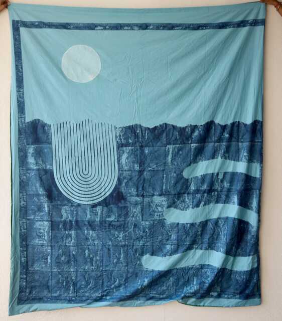Hand Block Printed Cotton Duvet Cover, Indigo Wave Arch Geometric Bedding - image 1