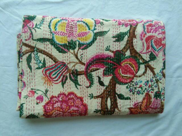 Home Decor Floral Print Indian Handmade Kantha Quilt, Bedspread Size Multi - image 1