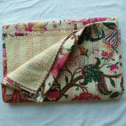 Home Decor Floral Print Indian Handmade Kantha Quilt, Bedspread Size Multi - thumbnail 3