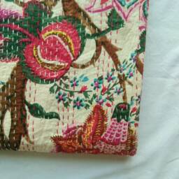 Home Decor Floral Print Indian Handmade Kantha Quilt, Bedspread Size Multi - thumbnail 2