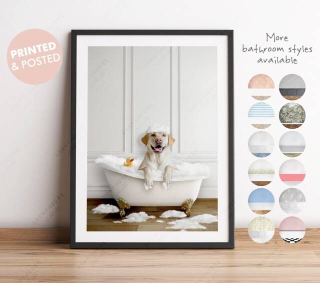 Yellow Golden Labrador Retriever Dog in A Bath Print, Bathing, Funny Bathroom Animal Bathtub, Tub Whimsy - image 1