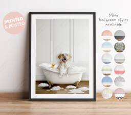 Yellow Golden Labrador Retriever Dog in A Bath Print, Bathing, Funny Bathroom Animal Bathtub, Tub Whimsy - thumbnail 1