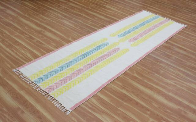 Hand Block Printed Cotton Hallway Runner Rug - Yellow, Gray Boho - image 1