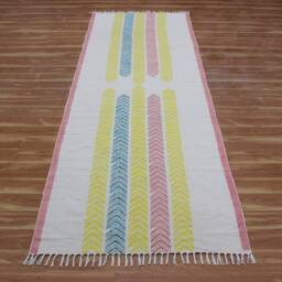 Hand Block Printed Cotton Hallway Runner Rug - Yellow, Gray Boho - thumbnail 2