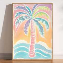 Pastel Palm Tree Art Print Whimsical Coastal Wall Decor - thumbnail 1