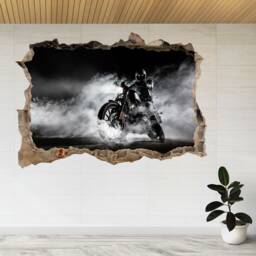 Motorcycle With Man Rider, Night 3D Smashed View Wall Sticker Poster Decal A888