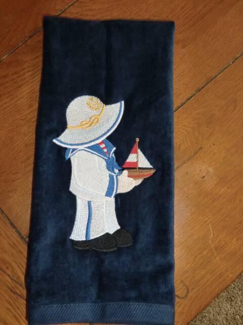 Embroidered Velour Hand Towel - Fisherman Fred Sailor Navy