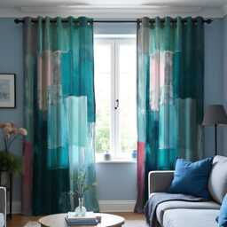 Abstract Teal Curtains, Modern Art Window Treatments, Brushstroke Design Drapes, Bold Green & Blue Decor, Vibrant Curtain Panels - thumbnail 2