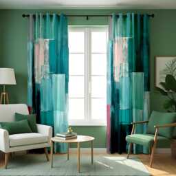 Abstract Teal Curtains, Modern Art Window Treatments, Brushstroke Design Drapes, Bold Green & Blue Decor, Vibrant Curtain Panels