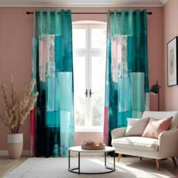 Abstract Teal Curtains, Modern Art Window Treatments, Brushstroke Design Drapes, Bold Green & Blue Decor, Vibrant Curtain Panels - thumbnail 3