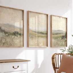 Set Of 3 Neutral Landscape Prints, Rustic Wall Art, Autumn Lake Triptych, Watercolor Nature Print, Earth Tone Decor, Prints - thumbnail 2