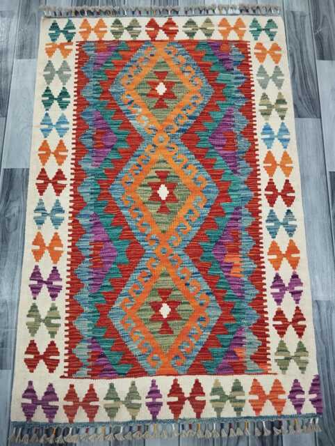 Tribal Kilim Rug, Handmade Artisan Afghan Turkish Scandinavian Navajo Bohemian Flatweave Wool Rug 138x90 cm - image 1