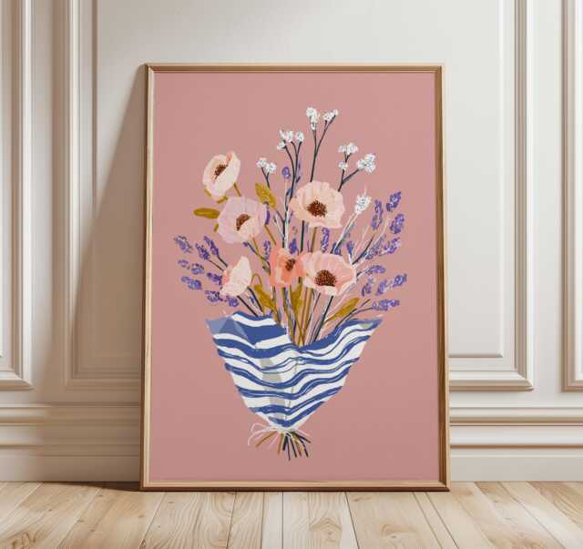 Modern Floral Bouquet Wall Art, Pink Flower Print With Blue Wrapping, Contemporary Botanical Illustration For Living Room Or Bedroom Decor - image 1