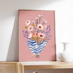Modern Floral Bouquet Wall Art, Pink Flower Print With Blue Wrapping, Contemporary Botanical Illustration For Living Room Or Bedroom Decor - thumbnail 2