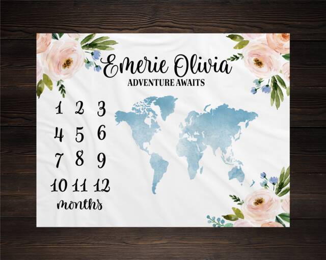 Adventure Map Milestone Blanket, Baby Floral World Personalized Shower Gift, Girl - image 1