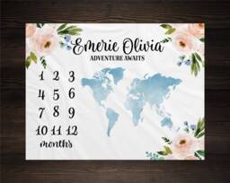 Adventure Map Milestone Blanket, Baby Floral World Personalized Shower Gift, Girl - thumbnail 1