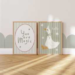 Goose Print, Set Of 2 Vintage Style Prints in Sage Green & Pink, Girls Bedroom Decor, You Are Magic, Woodland Animals - thumbnail 2