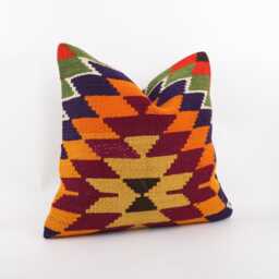 Handwoven Wool Kilim Pillow, Bohemian Anatolian Design - 20''x20'' - thumbnail 3
