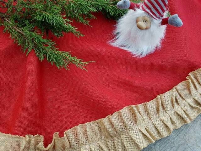Burlap Ruffle Tree Skirt Natural Christmas Red Rustic Ruffed Farmhouse - image 1