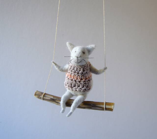 Cat On Swing , Gray Needle Felted Cat, Nursery Decoration, Baby Crib Mobile, Toy, Mobile - image 1