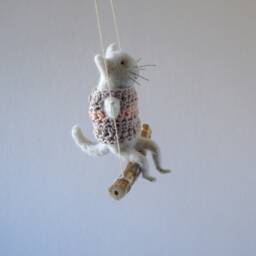 Cat On Swing , Gray Needle Felted Cat, Nursery Decoration, Baby Crib Mobile, Toy, Mobile - thumbnail 4