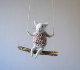 Cat On Swing , Gray Needle Felted Cat, Nursery Decoration, Baby Crib Mobile, Toy, Mobile - thumbnail 1