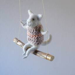 Cat On Swing , Gray Needle Felted Cat, Nursery Decoration, Baby Crib Mobile, Toy, Mobile - thumbnail 2
