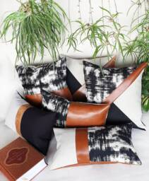 Set Of 6 Color Block Pillow Covers Cognac Faux Leather & Abstract Fabric